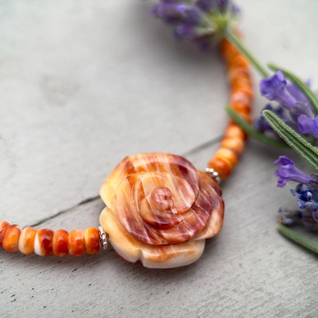 Orange-Red Spiny Oyster Necklace - Sterling Silver Jewelry, Carved Rose Pendant, Southwestern Necklace, Handmade Artisan Gift - SunlightSilver