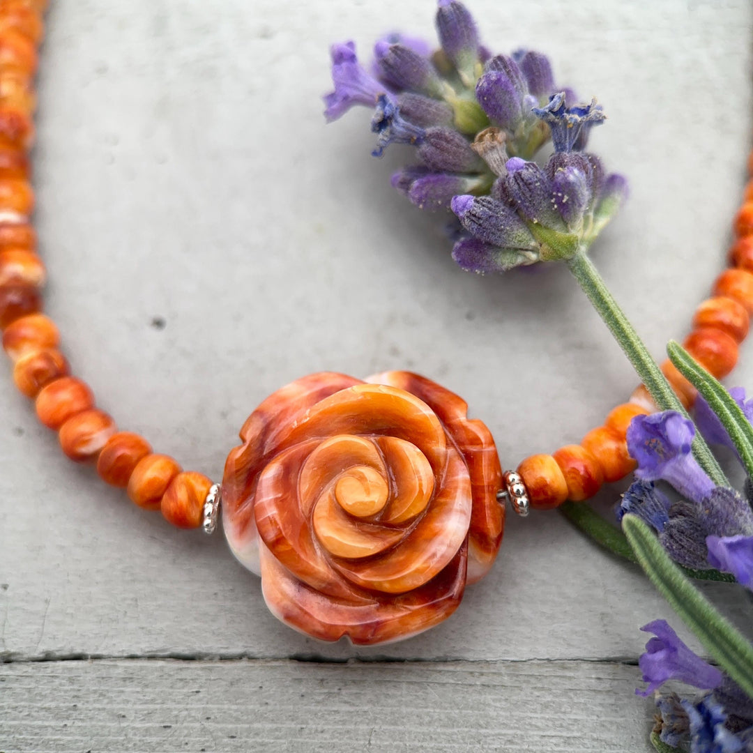 Orange-Red Spiny Oyster Necklace - Sterling Silver Jewelry, Carved Rose Pendant, Southwestern Necklace, Handmade Artisan Gift - SunlightSilver