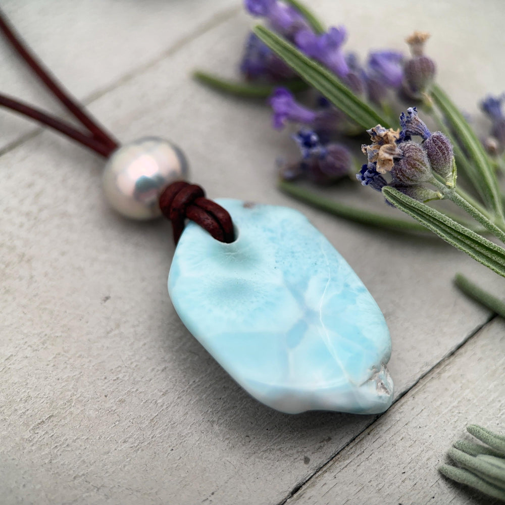 Larimar Nugget Necklace - Genuine Larimar Pendant, Leather Necklace, Blue Larimar Jewelry, Ocean Inspired Gift - SunlightSilver