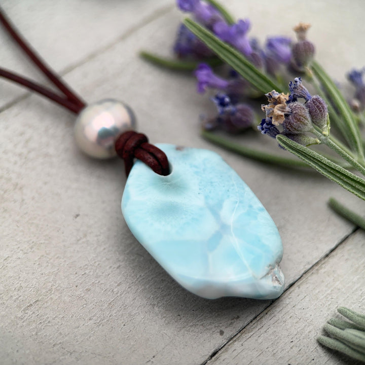 Larimar Nugget Necklace - Genuine Larimar Pendant, Leather Necklace, Blue Larimar Jewelry, Ocean Inspired Gift - SunlightSilver