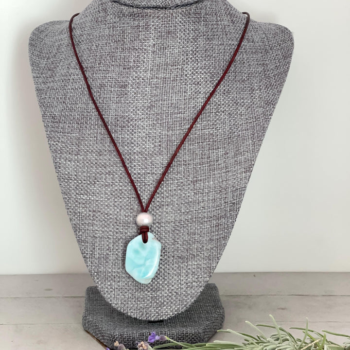 Larimar Nugget Necklace - Genuine Larimar Pendant, Leather Necklace, Blue Larimar Jewelry, Ocean Inspired Gift - SunlightSilver