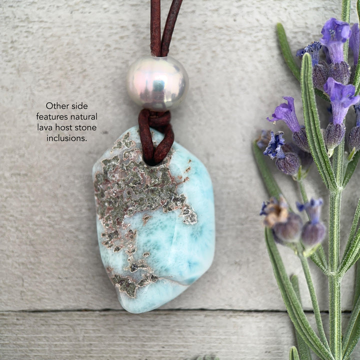 Larimar Nugget Necklace - Genuine Larimar Pendant, Leather Necklace, Blue Larimar Jewelry, Ocean Inspired Gift - SunlightSilver