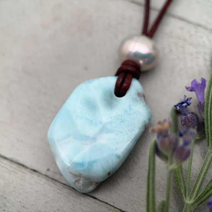 Larimar Nugget Necklace - Genuine Larimar Pendant, Leather Necklace, Blue Larimar Jewelry, Ocean Inspired Gift - SunlightSilver