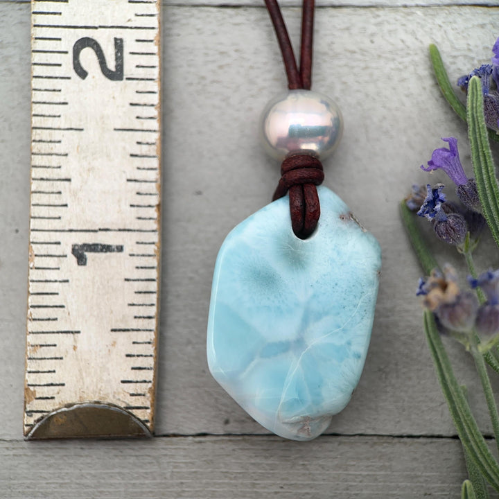 Larimar Nugget Necklace - Genuine Larimar Pendant, Leather Necklace, Blue Larimar Jewelry, Ocean Inspired Gift - SunlightSilver