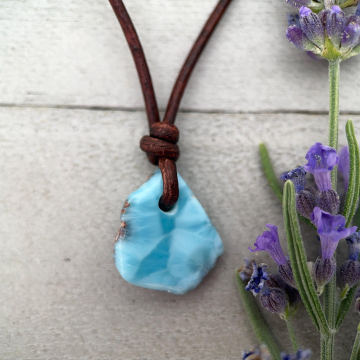 Larimar Crystal Pendant Necklace | Sterling Silver, White Freshwater Pearls, and Natural Tan Leather Necklace - SunlightSilver