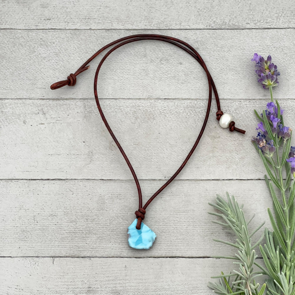 Larimar Crystal Pendant Necklace | Sterling Silver, White Freshwater Pearls, and Natural Tan Leather Necklace - SunlightSilver