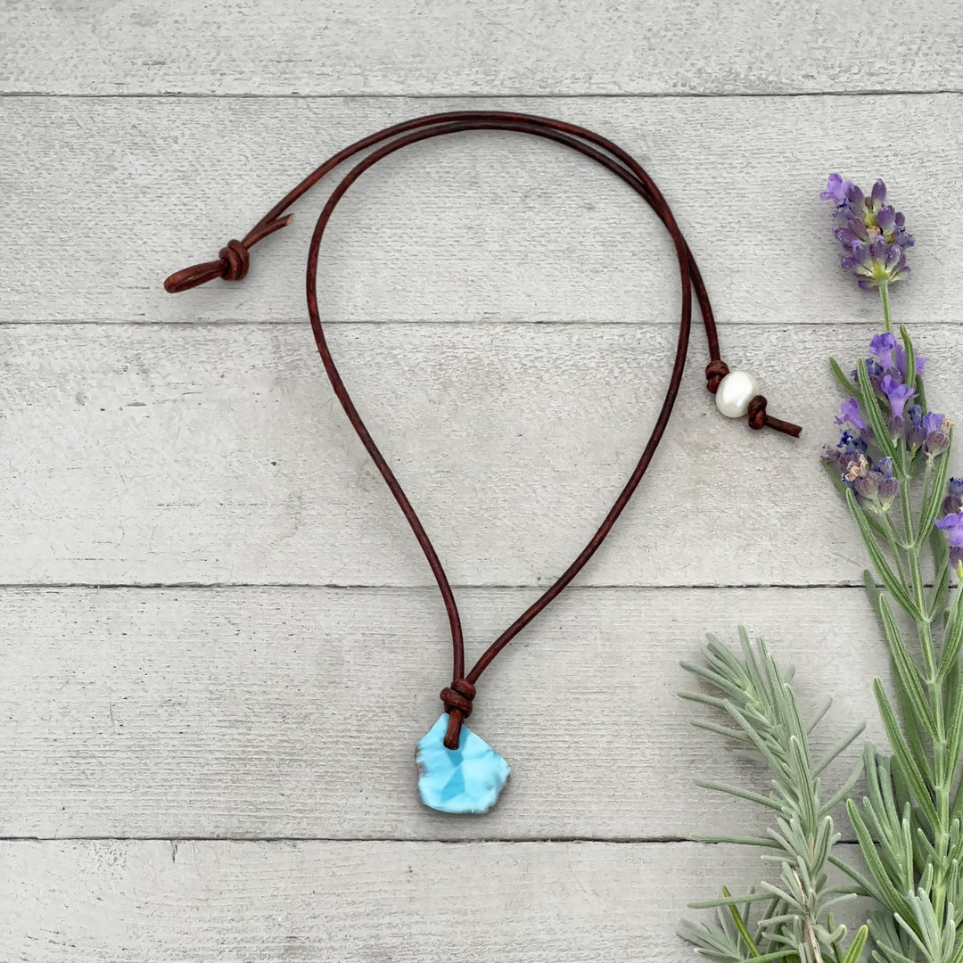 Larimar Crystal Pendant Necklace | Sterling Silver, White Freshwater Pearls, and Natural Tan Leather Necklace - SunlightSilver