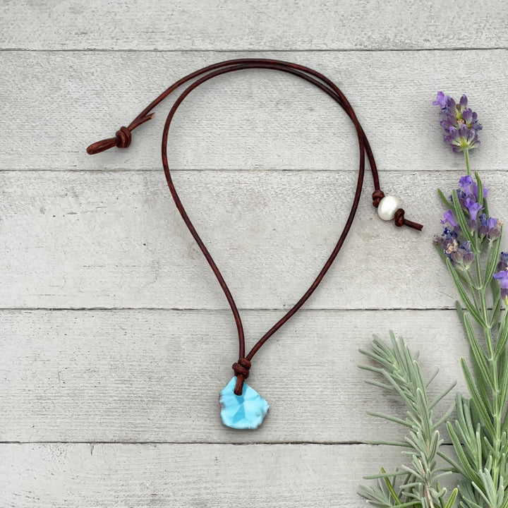 Larimar Crystal Pendant Necklace | Sterling Silver, White Freshwater Pearls, and Natural Tan Leather Necklace - SunlightSilver