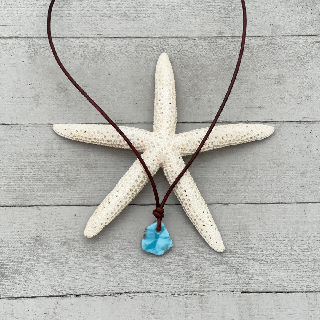 Larimar Crystal Pendant Necklace | Sterling Silver, White Freshwater Pearls, and Natural Tan Leather Necklace - SunlightSilver