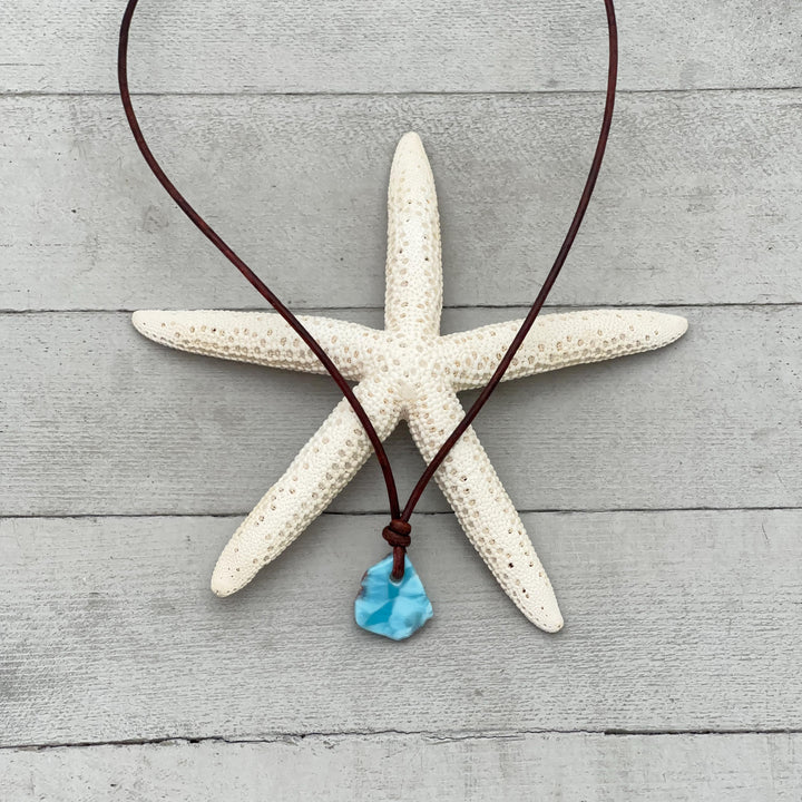 Larimar Crystal Pendant Necklace | Sterling Silver, White Freshwater Pearls, and Natural Tan Leather Necklace - SunlightSilver