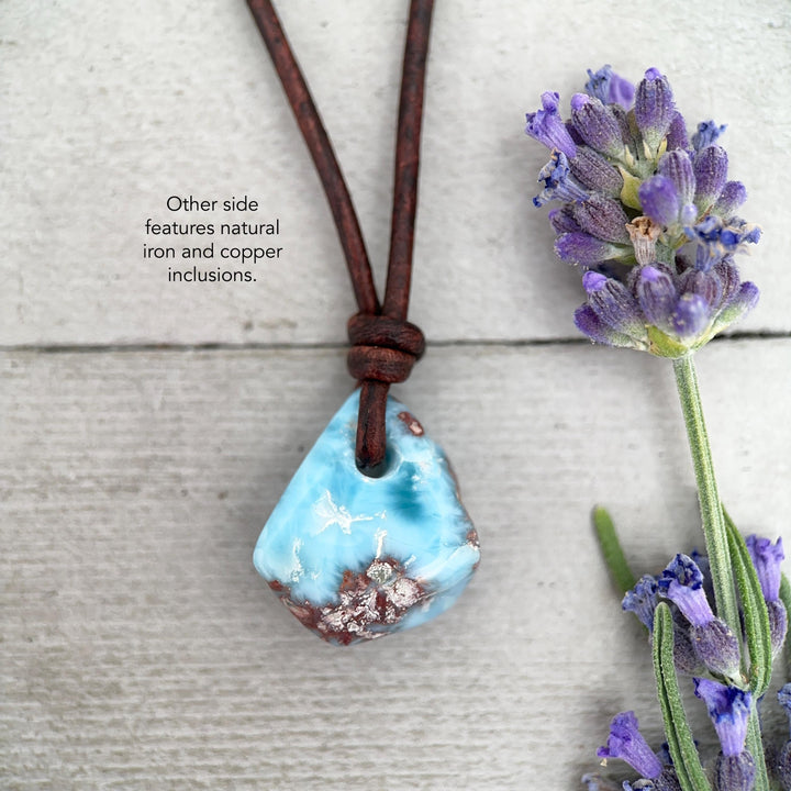 Larimar Crystal Pendant Necklace | Sterling Silver, White Freshwater Pearls, and Natural Tan Leather Necklace - SunlightSilver