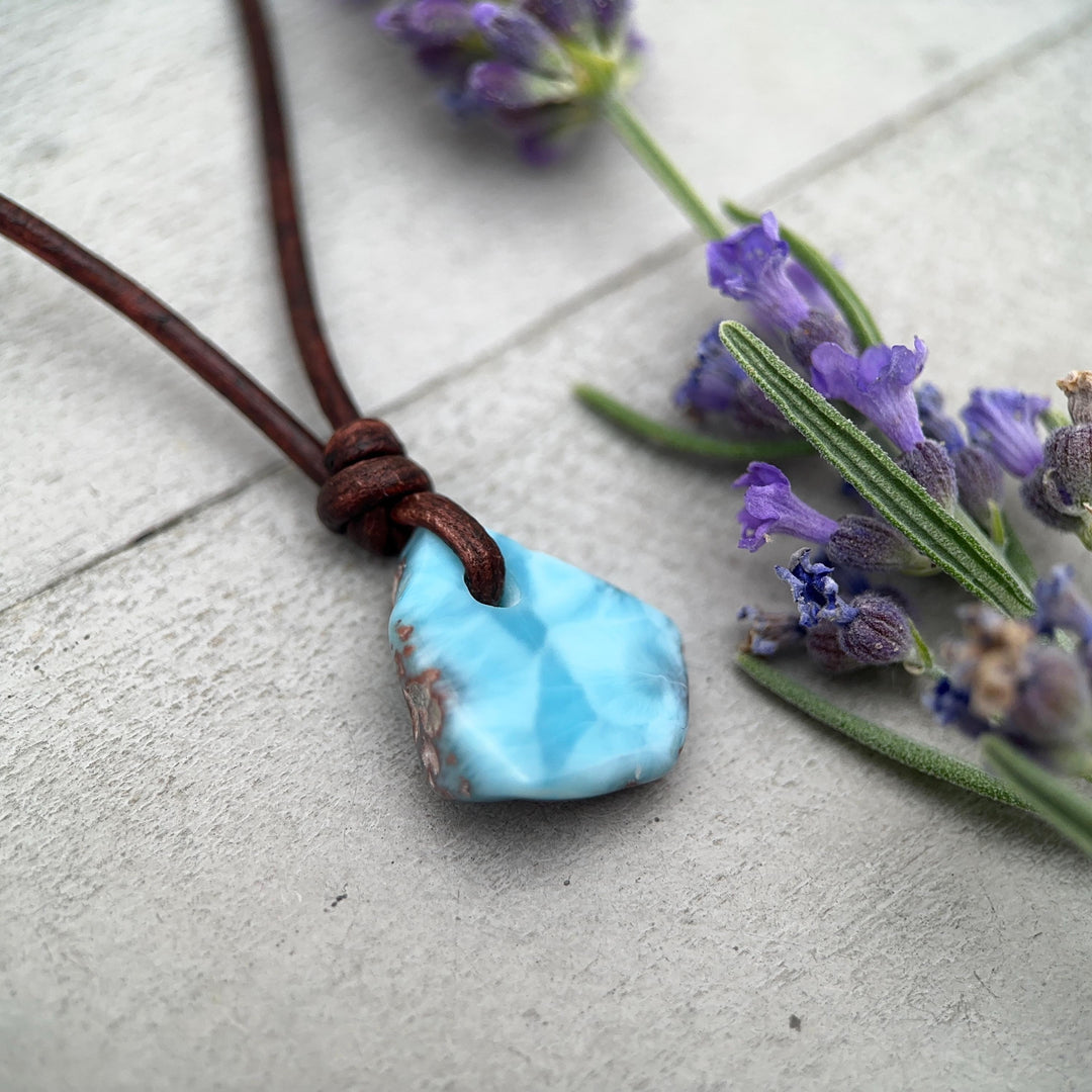 Larimar Crystal Pendant Necklace | Sterling Silver, White Freshwater Pearls, and Natural Tan Leather Necklace - SunlightSilver