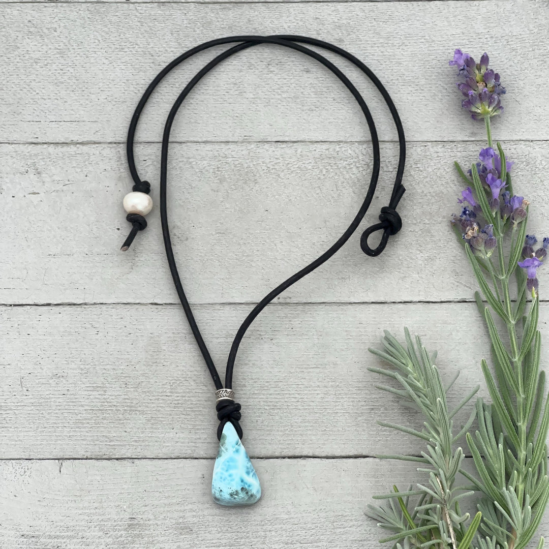 Larimar and Freshwater Pearl Necklace - Dominican Larimar Vegan Cord Necklace - Ocean Inspired Gift - SunlightSilver