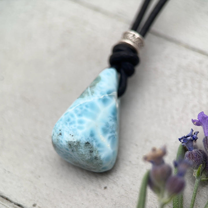 Larimar and Freshwater Pearl Necklace - Dominican Larimar Vegan Cord Necklace - Ocean Inspired Gift - SunlightSilver
