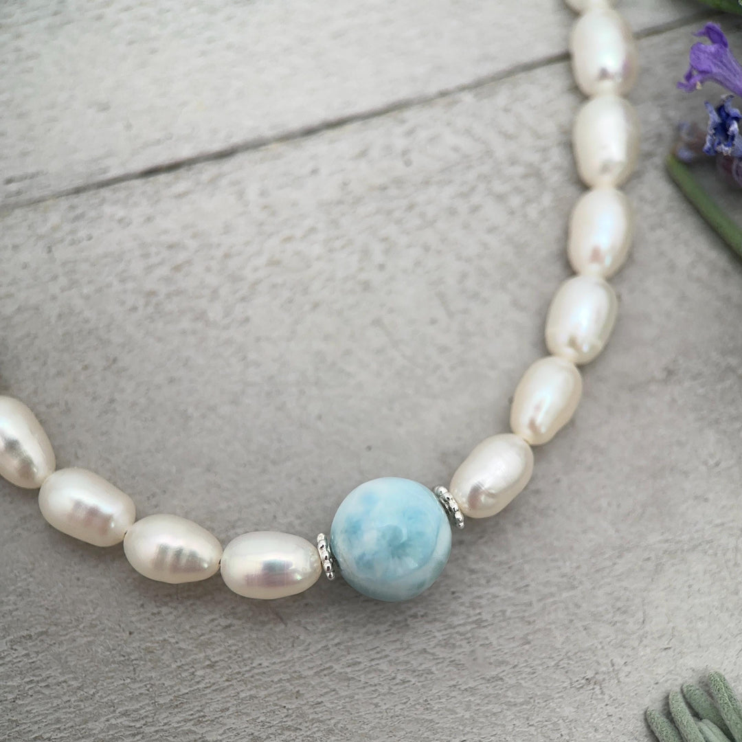 Large 16mm Larimar, Freshwater Pearl and Sterling Silver Necklace - SunlightSilver