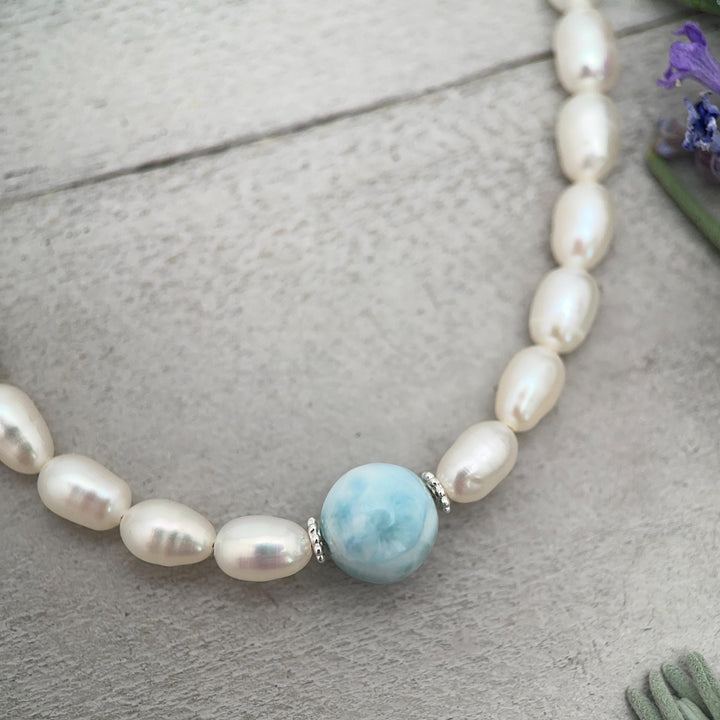 Large 16mm Larimar, Freshwater Pearl and Sterling Silver Necklace - SunlightSilver