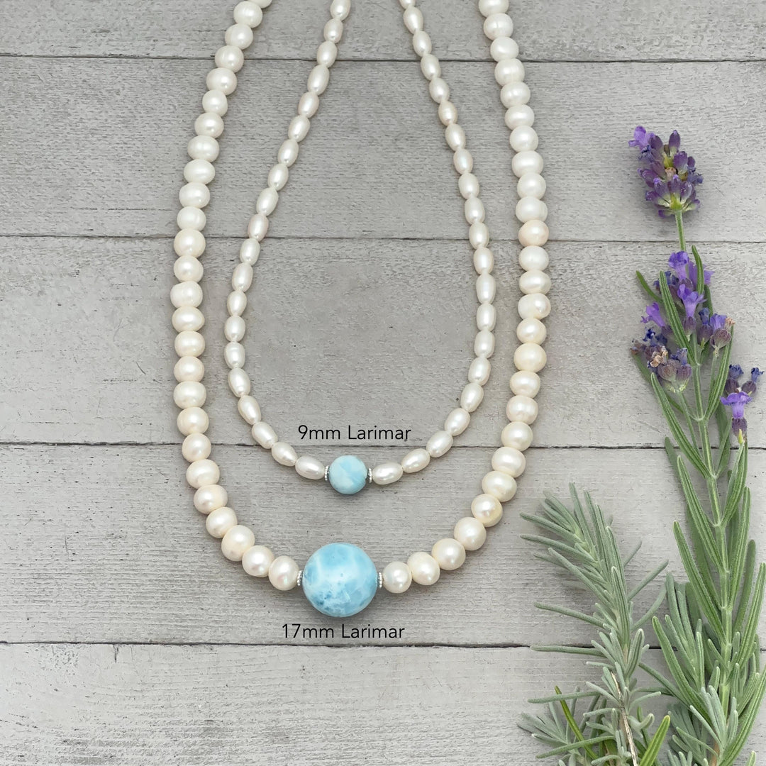 Large 16mm Larimar, Freshwater Pearl and Sterling Silver Necklace - SunlightSilver
