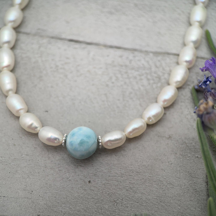 Large 16mm Larimar, Freshwater Pearl and Sterling Silver Necklace - SunlightSilver