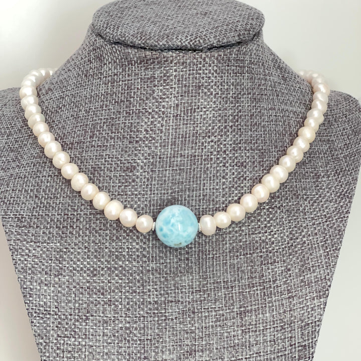 Large 16mm Larimar, Freshwater Pearl and Sterling Silver Necklace - SunlightSilver