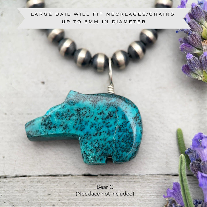 Turquoise Bear Pendant - Vintage Old Stock Zuni Carved – Solid 925 Sterling Silver - SunlightSilver