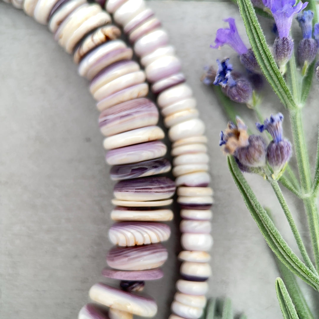 Purple Wampum Quahog Shell Flower, Beads, and Navajo Pearls Necklace - SunlightSilver