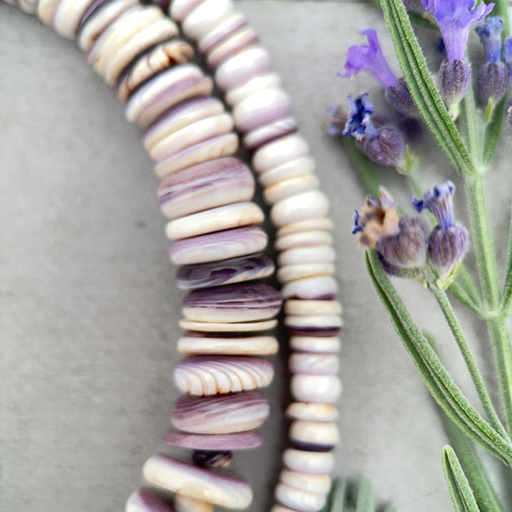 Purple Wampum Quahog Shell Flower, Beads, and Navajo Pearls Necklace - SunlightSilver