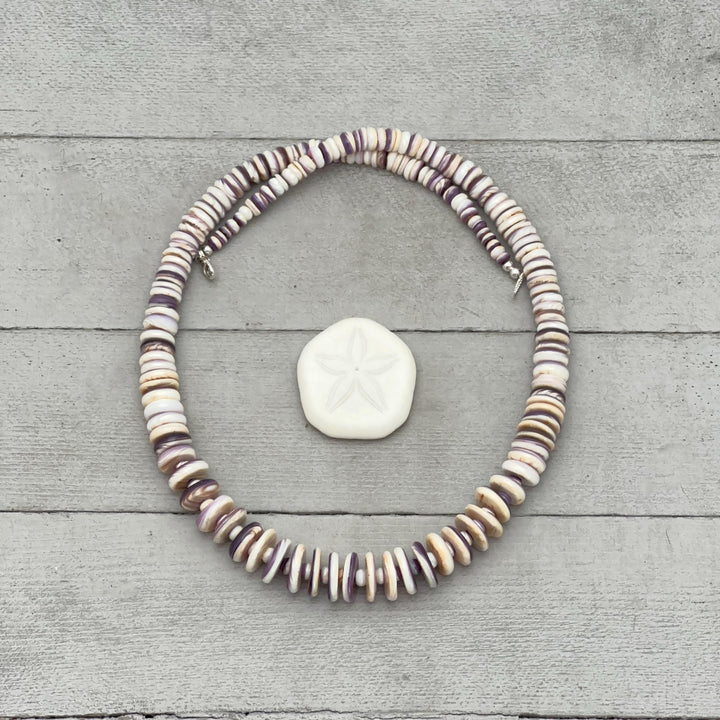 Purple Wampum Quahog Shell Flower, Beads, and Navajo Pearls Necklace - SunlightSilver