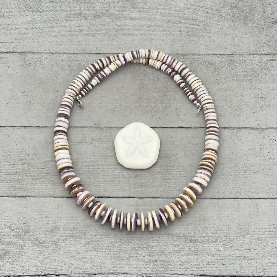 Purple Wampum Quahog Shell Flower, Beads, and Navajo Pearls Necklace - SunlightSilver