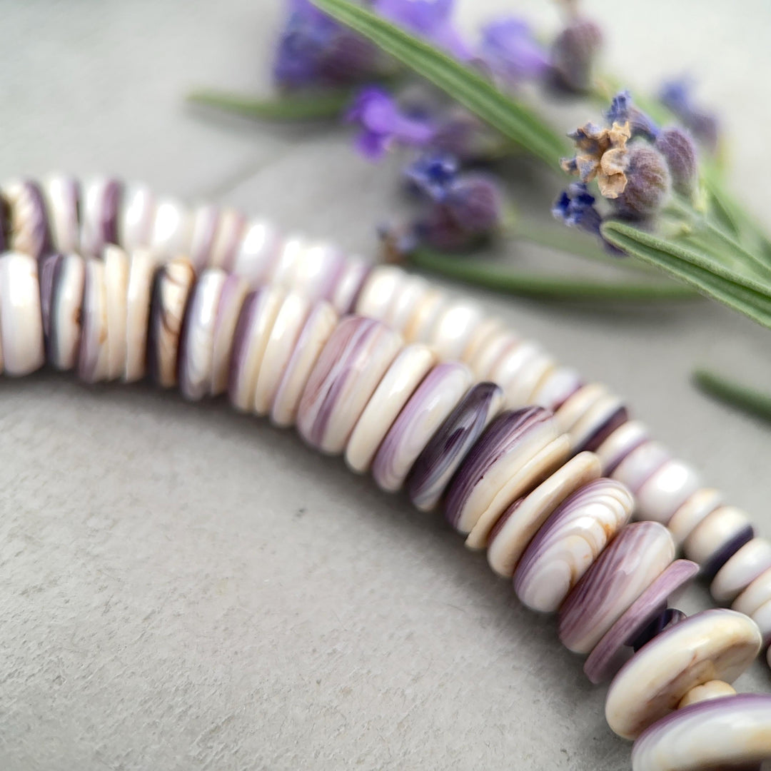 Purple Wampum Quahog Shell Flower, Beads, and Navajo Pearls Necklace - SunlightSilver