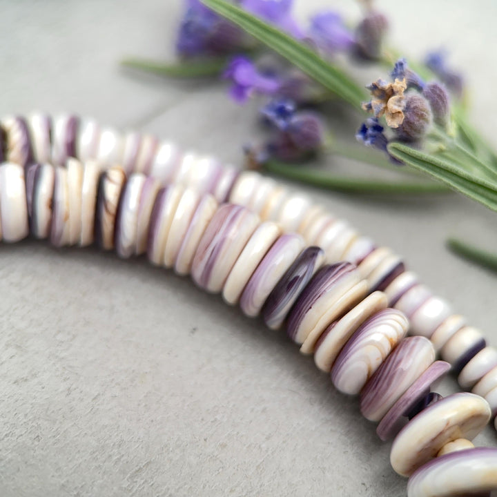 Purple Wampum Quahog Shell Flower, Beads, and Navajo Pearls Necklace - SunlightSilver