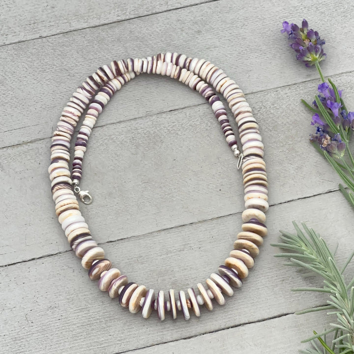 Purple Wampum Quahog Shell Flower, Beads, and Navajo Pearls Necklace - SunlightSilver