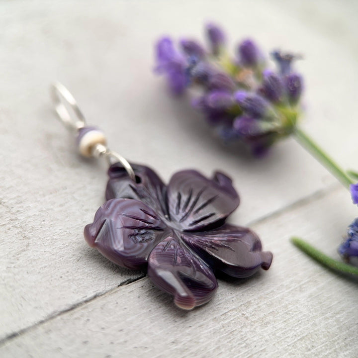 Purple Wampum Flower Pendant, Carved Quahog Shell Jewelry, Sterling Silver Bail, 1 Inch Statement Pendant - SunlightSilver