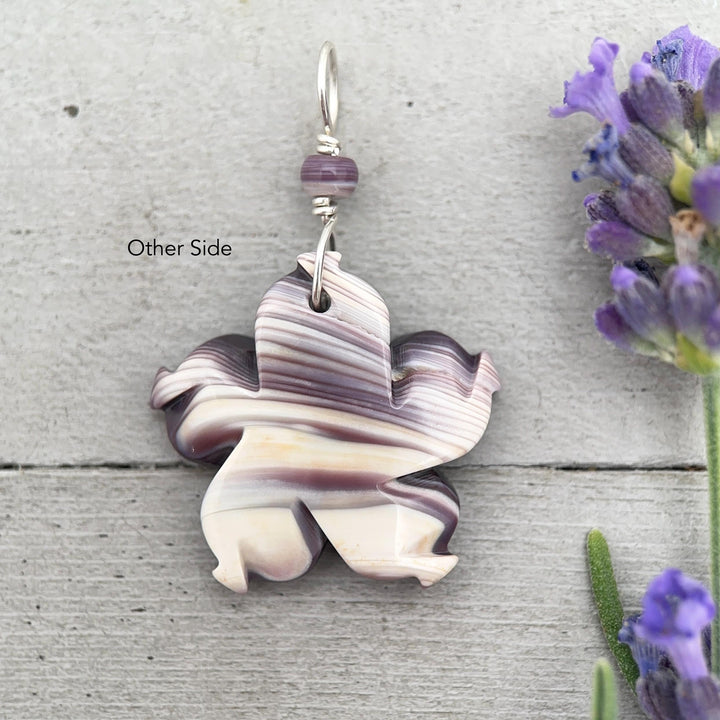 Purple Wampum Flower Pendant, Carved Quahog Shell Jewelry, Sterling Silver Bail, 1 Inch Statement Pendant - SunlightSilver