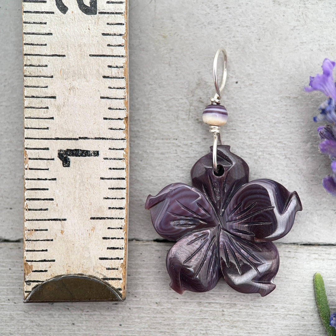 Purple Wampum Flower Pendant, Carved Quahog Shell Jewelry, Sterling Silver Bail, 1 Inch Statement Pendant - SunlightSilver