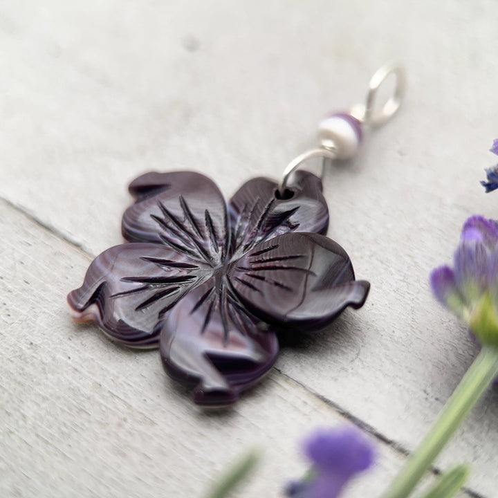 Purple Wampum Flower Pendant, Carved Quahog Shell Jewelry, Sterling Silver Bail, 1 Inch Statement Pendant - SunlightSilver