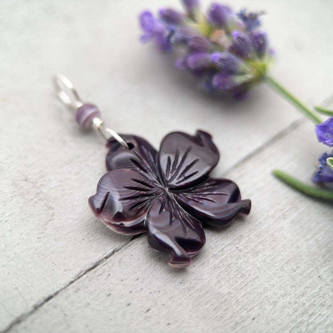 Purple Wampum Flower Pendant, Carved Quahog Shell Jewelry, Sterling Silver Bail, 1 Inch Statement Pendant - SunlightSilver