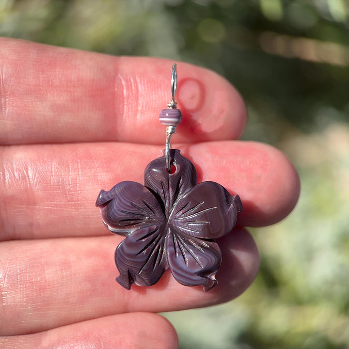 Purple Wampum Flower Pendant, Carved Quahog Shell Jewelry, Sterling Silver Bail, 1 Inch Statement Pendant - SunlightSilver