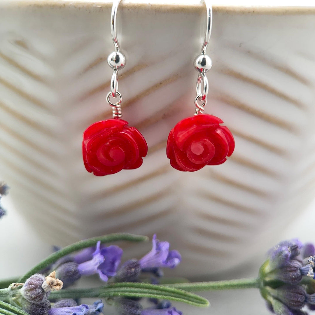 Orange Spiny Oyster Carved Flower and Solid 925 Sterling Silver Earrings - SunlightSilver