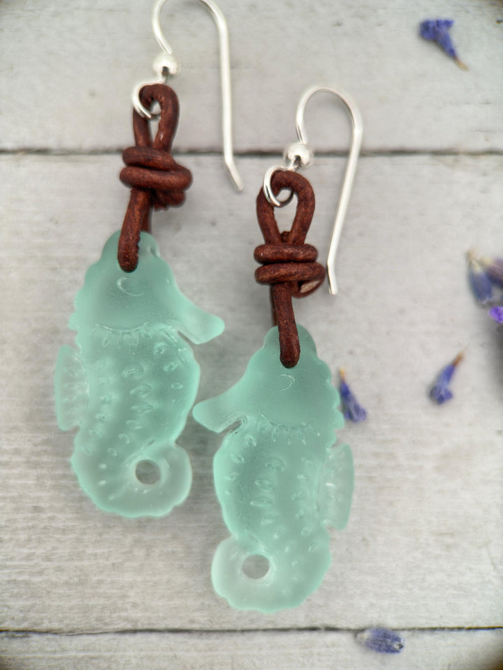 Sea Glass Seahorse Earrings | Sterling Silver, Brown Leather | Beach Ocean Inspired Jewelry - SunlightSilver