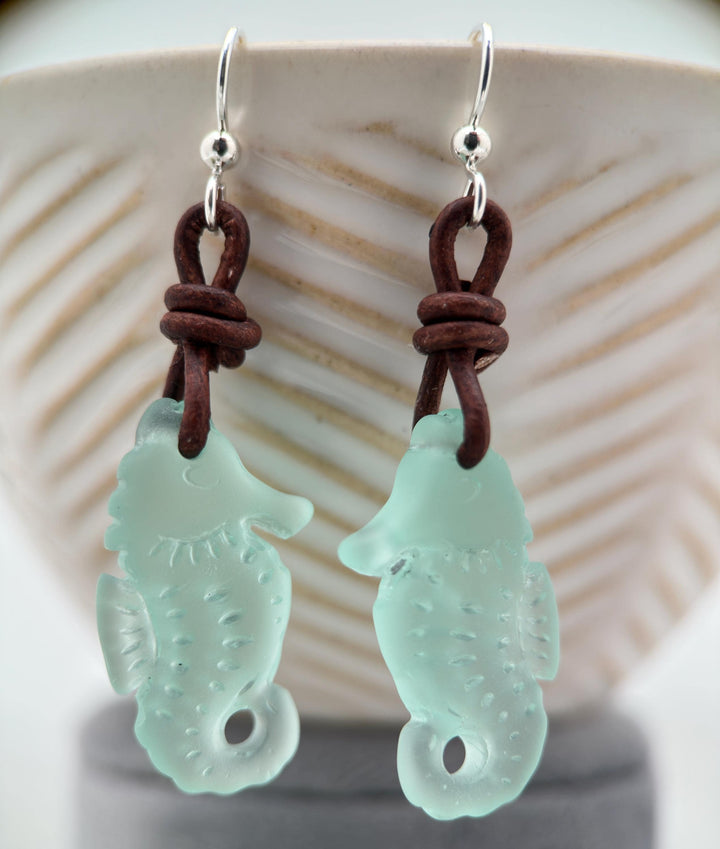 Sea Glass Seahorse Earrings | Sterling Silver, Brown Leather | Beach Ocean Inspired Jewelry - SunlightSilver