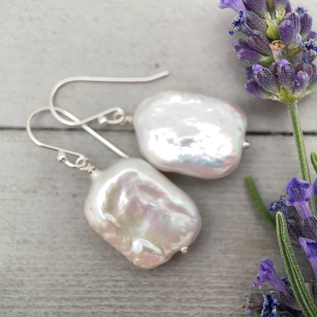 White Rectangle Pearl Earrings – Freshwater Pearls & Solid 925 Sterling Silver - Large, Baroque with Thick, Lustrous Nacre and Orient - SunlightSilver