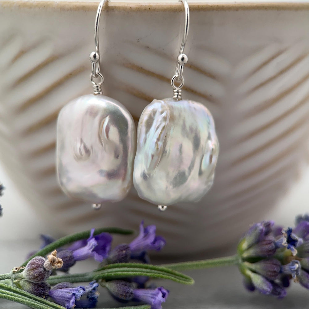 White Rectangle Pearl Earrings – Freshwater Pearls & Solid 925 Sterling Silver - Large, Baroque with Thick, Lustrous Nacre and Orient - SunlightSilver