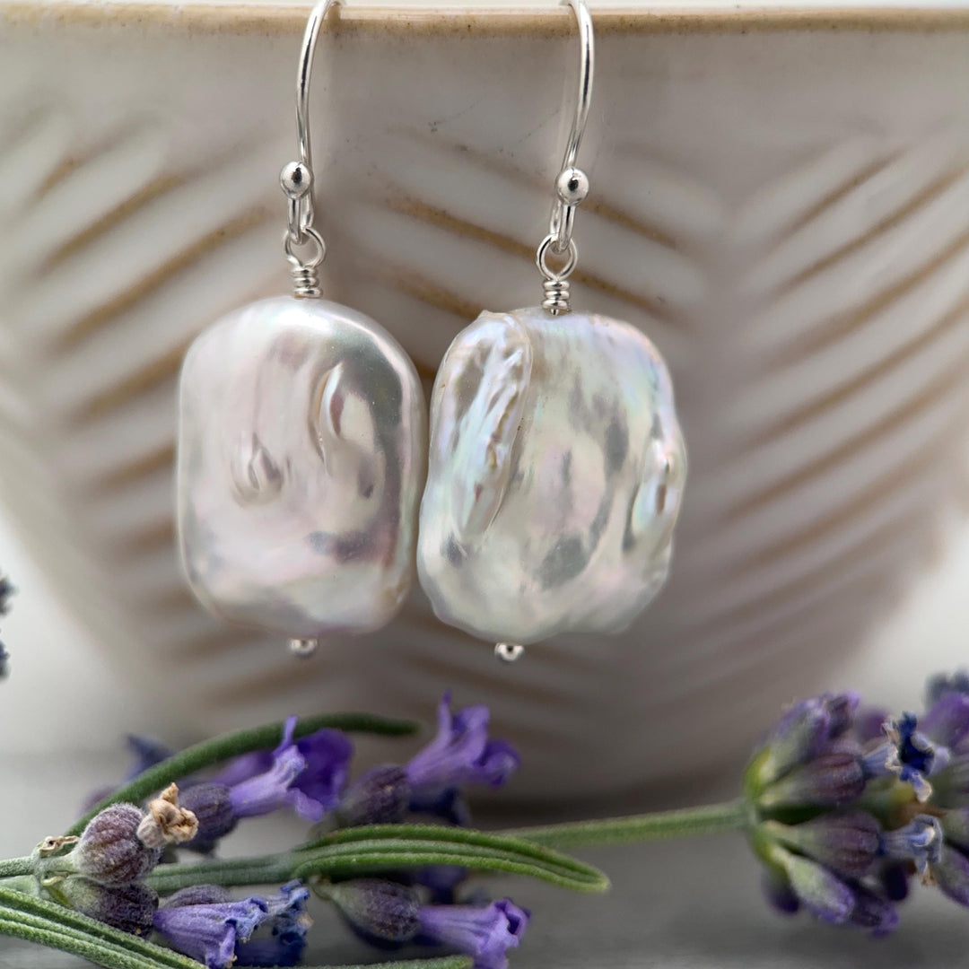 White Rectangle Pearl Earrings – Freshwater Pearls & Solid 925 Sterling Silver - Large, Baroque with Thick, Lustrous Nacre and Orient - SunlightSilver