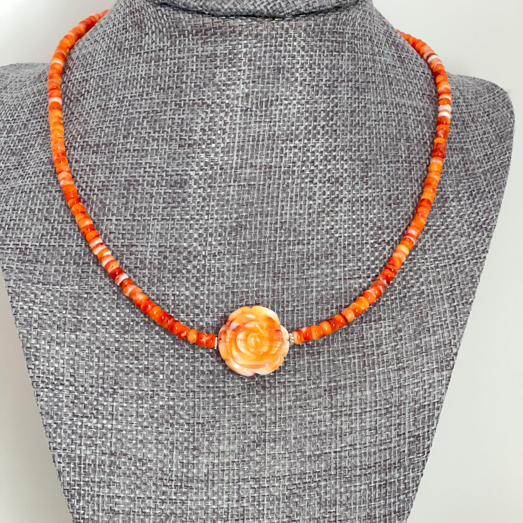 Orange-Red Spiny Oyster Necklace - Sterling Silver Jewelry, Carved Rose Pendant, Southwestern Necklace, Handmade Artisan Gift - SunlightSilver