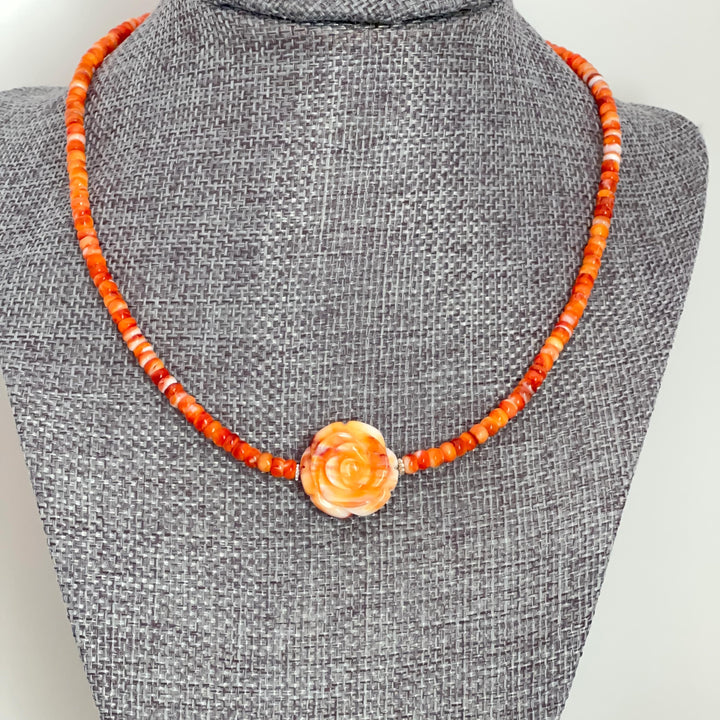 Orange-Red Spiny Oyster Necklace - Sterling Silver Jewelry, Carved Rose Pendant, Southwestern Necklace, Handmade Artisan Gift - SunlightSilver