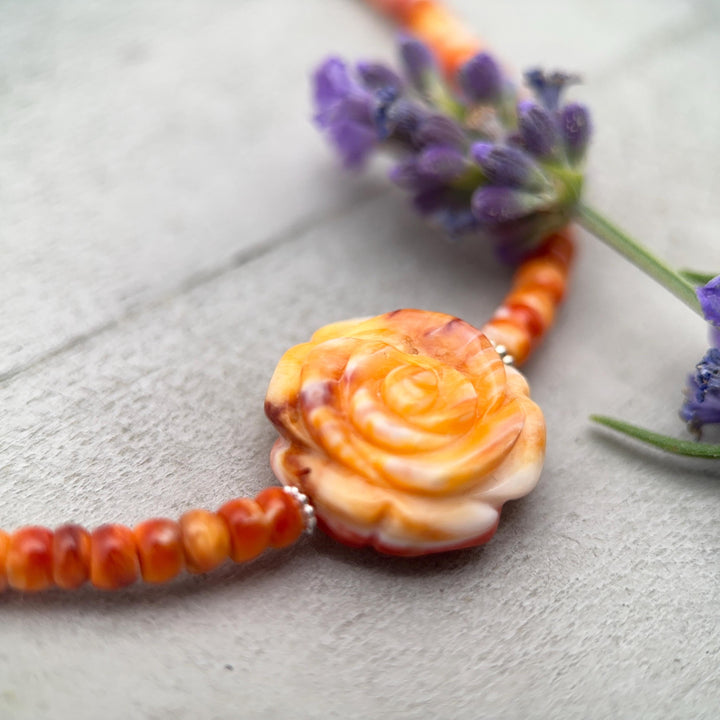 Orange-Red Spiny Oyster Necklace - Sterling Silver Jewelry, Carved Rose Pendant, Southwestern Necklace, Handmade Artisan Gift - SunlightSilver