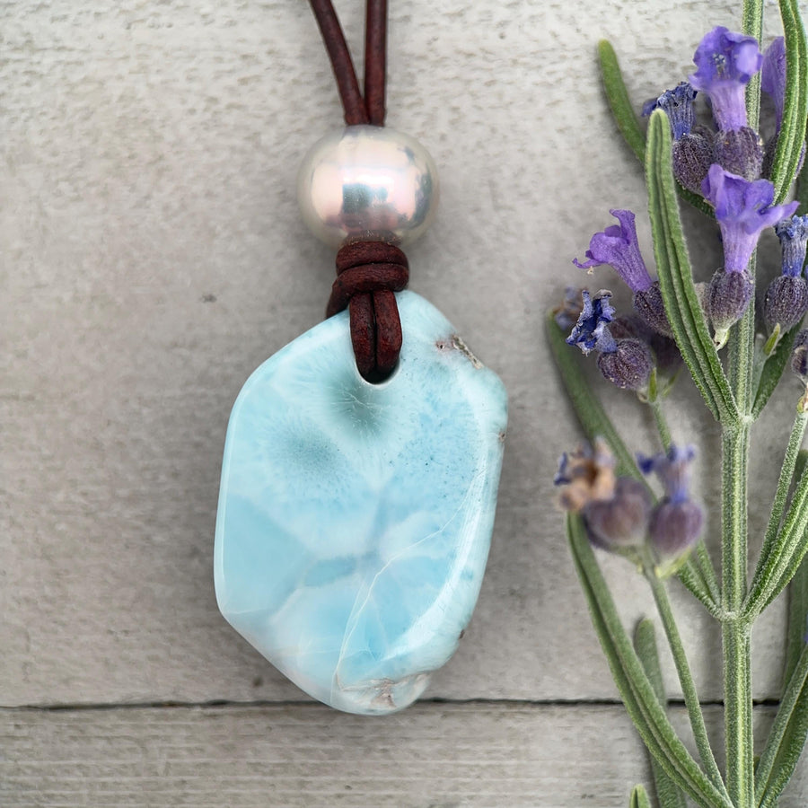 Larimar Nugget Necklace - Genuine Larimar Pendant, Leather Necklace, Blue Larimar Jewelry, Ocean Inspired Gift - SunlightSilver