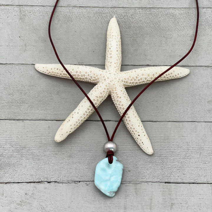 Larimar Nugget Necklace - Genuine Larimar Pendant, Leather Necklace, Blue Larimar Jewelry, Ocean Inspired Gift - SunlightSilver