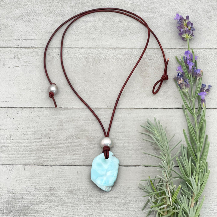 Larimar Nugget Necklace - Genuine Larimar Pendant, Leather Necklace, Blue Larimar Jewelry, Ocean Inspired Gift - SunlightSilver