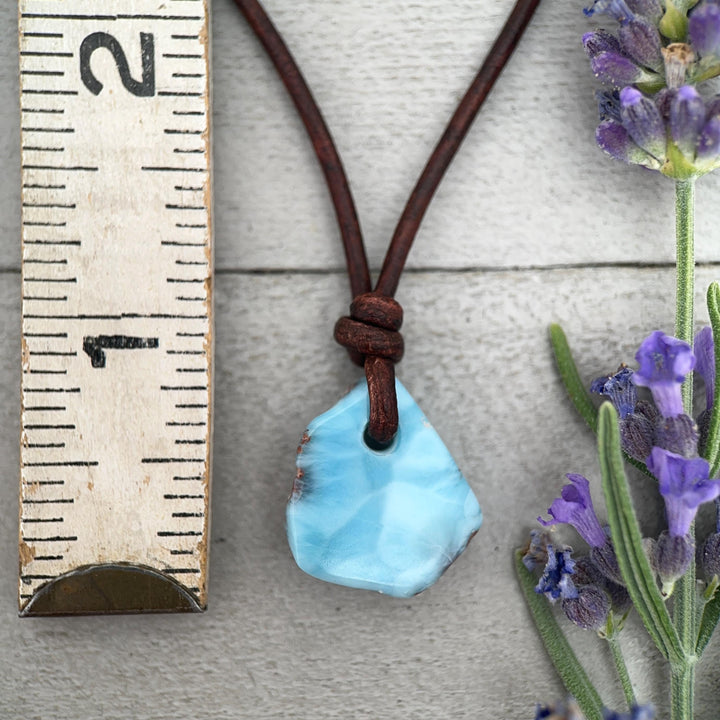 Larimar Crystal Pendant Necklace | Sterling Silver, White Freshwater Pearls, and Natural Tan Leather Necklace - SunlightSilver